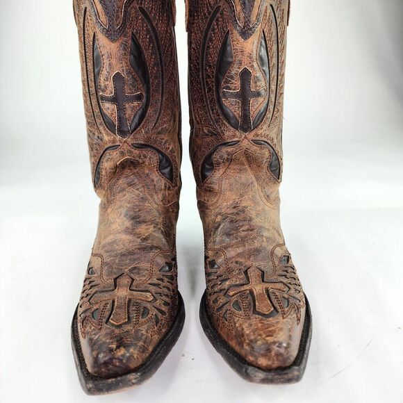 J.B. Dillon Cowboy Western Winged Cross Embroidered Cut Out US 8 B Snip-Toe Boot - Picture 9 of 14